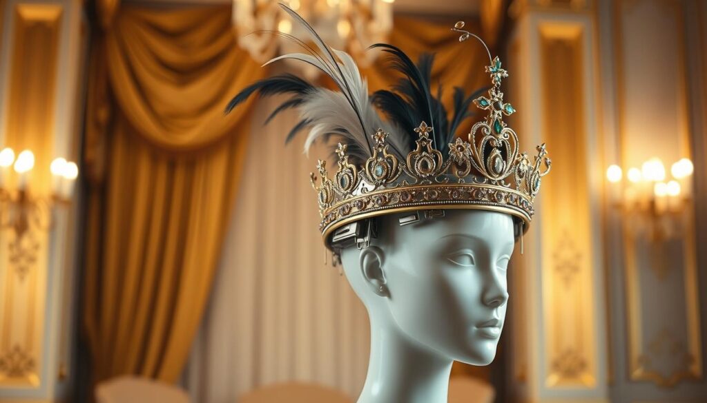 A beautifully designed headpiece that emphasizes weight balance, showcasing intricate craftsmanship. The foreground features a detailed view of a regal crown adorned with delicate gemstones and feathers, elegantly balanced on a human model's head, dressed in formal attire. The middle ground highlights the harmonious structure of the headpiece, revealing its engineering with fine metalwork and supportive elements. In the background, a softly blurred, opulent backdrop set in a grand hall with elegant drapery and soft golden lighting enhances the overall sophistication. The composition should convey a sense of elegance and safety, focusing on the headpiece's innovative design while maintaining the atmosphere of a luxurious yet comfortable setting. The image is captured from a slightly elevated angle to emphasize the headpiece's height and detail.
