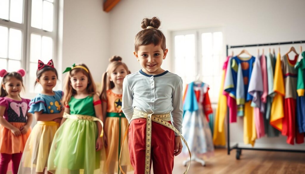 A bright, well-lit children's costume fitting session in a spacious, cozy studio. In the foreground, a diverse group of children, aged 4 to 8, wearing colorful fantasy costumes, stand in front of a measuring tape and a friendly adult in professional casual attire, assisting with adjustments. The middle section shows a detailed measuring tape wrapped around a child's waist, emphasizing safety fit measurements and mobility. In the background, various costumes hung on racks, showcasing vibrant fabrics and styles, with soft, natural light filtering through large windows. The atmosphere is cheerful and safe, capturing the excitement of costume fitting while ensuring mobility and comfort for young wearers. A bright, well-lit children's costume fitting session in a spacious, cozy studio. In the foreground, a diverse group of children, aged 4 to 8, wearing colorful fantasy costumes, stand in front of a measuring tape and a friendly adult in professional casual attire, assisting with adjustments. The middle section shows a detailed measuring tape wrapped around a child's waist, emphasizing safety fit measurements and mobility. In the background, various costumes hung on racks, showcasing vibrant fabrics and styles, with soft, natural light filtering through large windows. The atmosphere is cheerful and safe, capturing the excitement of costume fitting while ensuring mobility and comfort for young wearers.