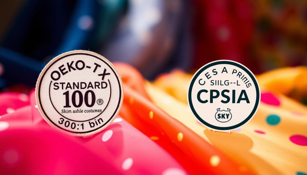 A close-up view of OEKO-TEX Standard 100 and CPSIA safety labels, prominently displayed on a variety of colorful textile samples. In the foreground, the labels are crisply detailed, showcasing their unique designs and certification marks. The middle section features a soft, blurred assortment of enchanting fabrics in rich hues, like deep blues, vibrant reds, and whimsical patterns, suggesting their use in fairytale costumes. The background is gracefully illuminated with natural light, creating a warm atmosphere. The overall mood conveys a sense of safety and assurance, with a focus on skin-friendly qualities. The composition should have a shallow depth of field to emphasize the labels and textiles while remaining free of any text or distractions. A close-up view of OEKO-TEX Standard 100 and CPSIA safety labels, prominently displayed on a variety of colorful textile samples. In the foreground, the labels are crisply detailed, showcasing their unique designs and certification marks. The middle section features a soft, blurred assortment of enchanting fabrics in rich hues, like deep blues, vibrant reds, and whimsical patterns, suggesting their use in fairytale costumes. The background is gracefully illuminated with natural light, creating a warm atmosphere. The overall mood conveys a sense of safety and assurance, with a focus on skin-friendly qualities. The composition should have a shallow depth of field to emphasize the labels and textiles while remaining free of any text or distractions.