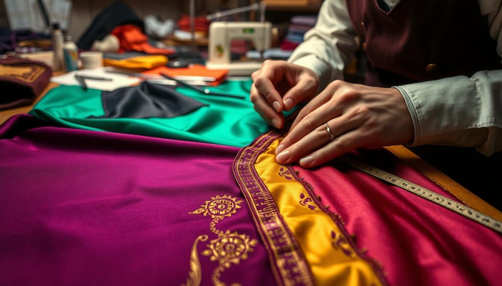 A close-up view of a skilled artisan’s hands expertly conducting pattern matching on a beautifully crafted fantasy costume seam. In the foreground, the seam, featuring a mix of straight, zigzag, and coverstitch designs, displays intricate variations in stitches, showcasing different SPI (stitches per inch) appropriate for various fabrics. The artisan is wearing professional attire, focused on aligning pieces with measuring tools nearby. In the middle ground, vibrant fabrics in shades of deep purple, emerald green, and gold glimmer under warm, soft lighting. The background features a cluttered workbench filled with sewing materials and tools, adding depth and context. The mood is one of creativity and craftsmanship, reflecting the attention to detail and durability needed in high-quality fantasy costumes. The angle captures both the seam details and the artisan's concentration.