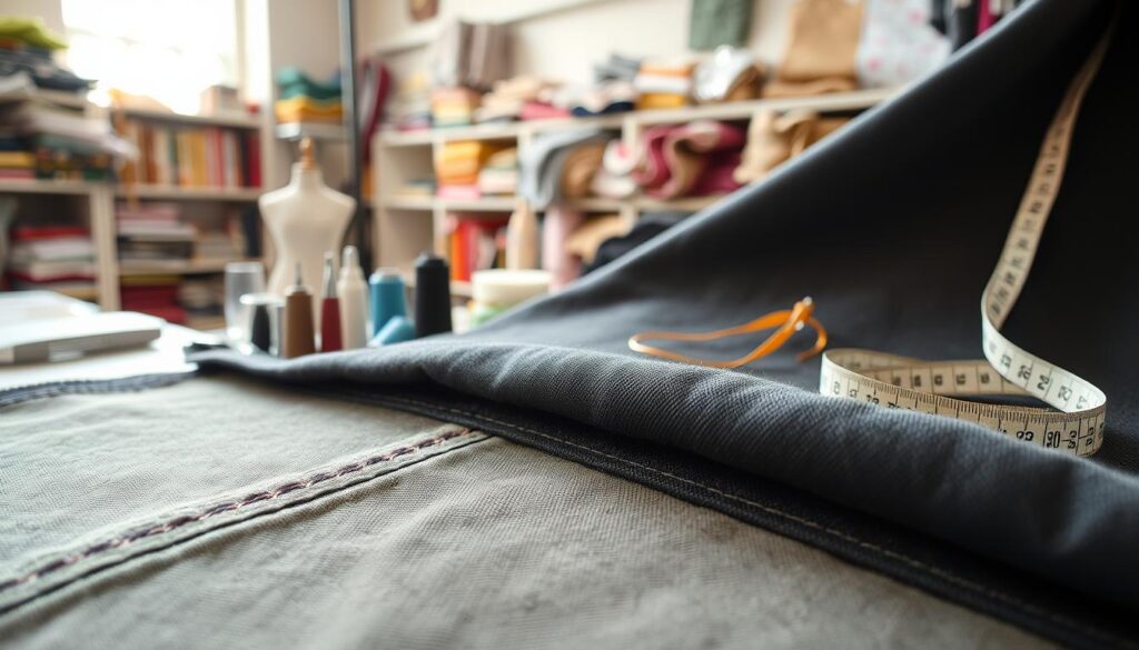 A detailed close-up of a fantasy costume undergoing reinforcement upgrades, highlighting various stitching techniques like straight, zigzag, and coverstitch. The foreground features a well-crafted, textured fabric swatch showing intricate seams and precise stitches per inch (SPI) suited for different materials. In the middle ground, an array of sewing tools such as needles, thread spools, and a measuring tape are arranged neatly, emphasizing craftsmanship. The background showcases a softly lit workshop filled with shelves of colorful fabrics and patterns. The atmosphere is warm and inviting, evoking a sense of creativity and meticulous attention to detail. Utilize natural light to create soft shadows and highlights, captured from a slight overhead angle to accentuate the three-dimensionality of the fabric and tools.