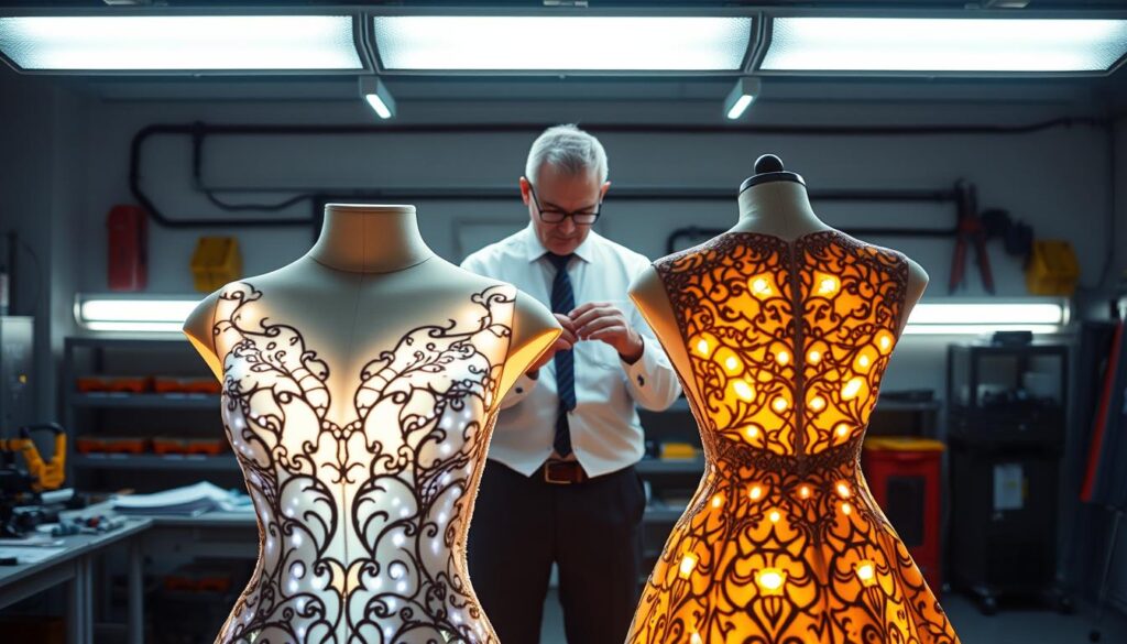 A visually striking image of a professional display featuring an LED-integrated costume, showcasing safety measures. In the foreground, a cleverly designed gown with embedded LED lights illuminates softly, revealing intricate patterns that highlight its craftsmanship. These lights should be shown in a way that demonstrates their safety and compliance, avoiding any risk of overheating. In the middle, a person dressed in professional attire examines the gown, demonstrating an air of expertise and focus on safety, with tools and notes spread around, hinting at technical assessment. The background includes a well-organized workshop setting with safety equipment, bright lights highlighting the craftsmanship, and a neutral atmosphere that conveys professionalism and attentiveness to safety guidelines. The mood is informative and safety-conscious, emphasizing the integration of LED technology in costume design. A visually striking image of a professional display featuring an LED-integrated costume, showcasing safety measures. In the foreground, a cleverly designed gown with embedded LED lights illuminates softly, revealing intricate patterns that highlight its craftsmanship. These lights should be shown in a way that demonstrates their safety and compliance, avoiding any risk of overheating. In the middle, a person dressed in professional attire examines the gown, demonstrating an air of expertise and focus on safety, with tools and notes spread around, hinting at technical assessment. The background includes a well-organized workshop setting with safety equipment, bright lights highlighting the craftsmanship, and a neutral atmosphere that conveys professionalism and attentiveness to safety guidelines. The mood is informative and safety-conscious, emphasizing the integration of LED technology in costume design.