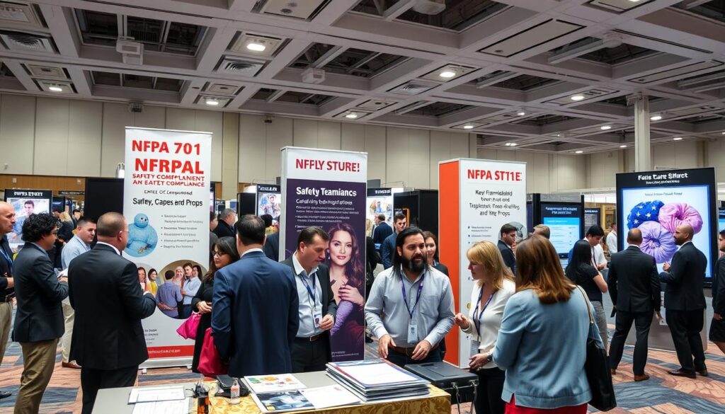 A well-organized exhibition space dedicated to NFPA 701 event safety compliance, set in a brightly lit convention hall. In the foreground, a diverse group of professionals in business attire engage in discussions, examining safety compliance documents on a table. In the middle, banners and posters highlight key flammability standards and safety protocols for gowns, capes, and props, showcasing vibrant colors and clear graphics. In the background, attractive LED displays with safety features catch the eye, while attendees interact with informative exhibits. Soft, diffused lighting enhances the atmosphere of professionalism and care while creating a sense of urgency around safety. The wide-angle perspective captures the bustling environment, emphasizing the importance of event policies in a safe and responsible manner. A well-organized exhibition space dedicated to NFPA 701 event safety compliance, set in a brightly lit convention hall. In the foreground, a diverse group of professionals in business attire engage in discussions, examining safety compliance documents on a table. In the middle, banners and posters highlight key flammability standards and safety protocols for gowns, capes, and props, showcasing vibrant colors and clear graphics. In the background, attractive LED displays with safety features catch the eye, while attendees interact with informative exhibits. Soft, diffused lighting enhances the atmosphere of professionalism and care while creating a sense of urgency around safety. The wide-angle perspective captures the bustling environment, emphasizing the importance of event policies in a safe and responsible manner.