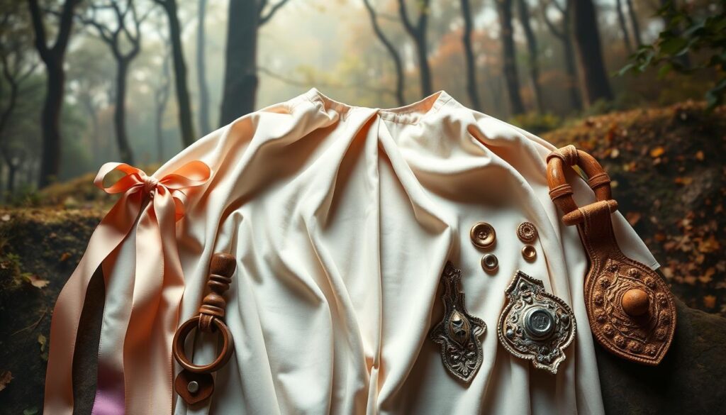 A beautifully arranged flat lay of various circle cape closure options, showcasing an aesthetically pleasing selection of ribbon ties, toggles, snaps, and frogs. In the foreground, focus on the closures, each distinct in color and texture—elegant satin ribbons, rustic wooden toggles, shiny metallic snaps, and intricately designed fabric frogs. The middle ground should feature a light, soft fabric cape draped gracefully, highlighting where the closures would attach. In the background, a faintly blurred scenery of a rustic, enchanted forest provides depth. Soft, ambient lighting enhances the warm, magical atmosphere, while a shallow depth of field draws attention to the details of the closures. Capture this in a natural, inviting tone to inspire creativity. A beautifully arranged flat lay of various circle cape closure options, showcasing an aesthetically pleasing selection of ribbon ties, toggles, snaps, and frogs. In the foreground, focus on the closures, each distinct in color and texture—elegant satin ribbons, rustic wooden toggles, shiny metallic snaps, and intricately designed fabric frogs. The middle ground should feature a light, soft fabric cape draped gracefully, highlighting where the closures would attach. In the background, a faintly blurred scenery of a rustic, enchanted forest provides depth. Soft, ambient lighting enhances the warm, magical atmosphere, while a shallow depth of field draws attention to the details of the closures. Capture this in a natural, inviting tone to inspire creativity.