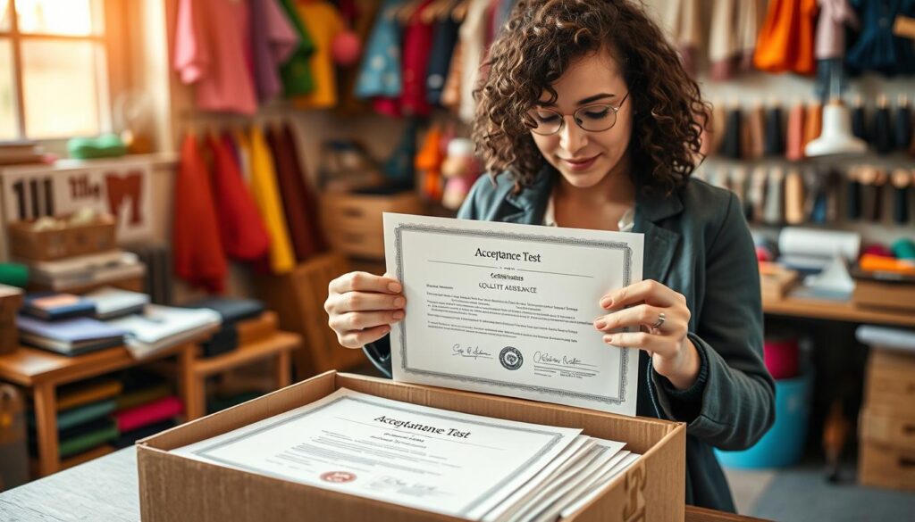 A beautifully arranged unboxing scene featuring acceptance test documentation and certificates. In the foreground, a skilled artisan with curly hair, dressed in a smart casual outfit, carefully opens a neat cardboard box filled with colorful papers and official documents. A certificate of quality assurance is prominently displayed, alongside a neatly stacked set of acceptance test forms. In the middle, the artisan's hands are gently lifting a document, showcasing the intricate details and stamps. The background includes a soft focus of a cozy workshop filled with vibrant costume materials, threads, and tools, evoking a sense of creativity and professionalism. The lighting is warm and inviting, with natural light filtering through a nearby window, creating a serene yet focused atmosphere perfect for a quality vetting process. A beautifully arranged unboxing scene featuring acceptance test documentation and certificates. In the foreground, a skilled artisan with curly hair, dressed in a smart casual outfit, carefully opens a neat cardboard box filled with colorful papers and official documents. A certificate of quality assurance is prominently displayed, alongside a neatly stacked set of acceptance test forms. In the middle, the artisan's hands are gently lifting a document, showcasing the intricate details and stamps. The background includes a soft focus of a cozy workshop filled with vibrant costume materials, threads, and tools, evoking a sense of creativity and professionalism. The lighting is warm and inviting, with natural light filtering through a nearby window, creating a serene yet focused atmosphere perfect for a quality vetting process.
