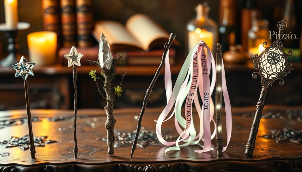 A beautifully handcrafted wizard wand, showcasing five distinct styles: a sleek star dowel topped with a shimmering gem, a crystal cluster entwined with delicate vines, a rustic nature branch with rough bark and lush moss, elegant ribbon streamers cascading in soft pastel colors, and a vibrant light-up wand with intricate runes glowing softly. The foreground features the wands artfully arranged on an ornate wooden table, reflecting the warm glow of candlelight. In the middle background, blurred magical artifacts like spell books and potion bottles evoke a mystical atmosphere. The lighting is soft and warm, casting gentle shadows and highlighting the textures of each wand. The scene captures a whimsical, enchanting mood, inviting viewers into a world of magic and creativity. A beautifully handcrafted wizard wand, showcasing five distinct styles: a sleek star dowel topped with a shimmering gem, a crystal cluster entwined with delicate vines, a rustic nature branch with rough bark and lush moss, elegant ribbon streamers cascading in soft pastel colors, and a vibrant light-up wand with intricate runes glowing softly. The foreground features the wands artfully arranged on an ornate wooden table, reflecting the warm glow of candlelight. In the middle background, blurred magical artifacts like spell books and potion bottles evoke a mystical atmosphere. The lighting is soft and warm, casting gentle shadows and highlighting the textures of each wand. The scene captures a whimsical, enchanting mood, inviting viewers into a world of magic and creativity.