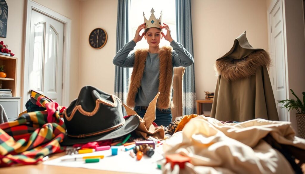 A bright, inviting indoor scene showcasing various costumes made from everyday items arranged artistically. In the foreground, a table is cluttered with costume elements like a colorful scarf, a medieval hat, a faux fur stole, and a whimsical cape draped elegantly. The middle ground features a young adult, dressed in a casual outfit, experimenting with different costume pieces, adjusting a homemade crown made of paper. In the background, a bright window lets in soft, natural light, casting gentle shadows and enhancing the atmosphere of creativity. The composition captures a warm and playful mood, encouraging creativity and fun in costume styling and photography. The camera angle is slightly elevated, focusing on the arrangement while emphasizing the craft behind budget costumes. A bright, inviting indoor scene showcasing various costumes made from everyday items arranged artistically. In the foreground, a table is cluttered with costume elements like a colorful scarf, a medieval hat, a faux fur stole, and a whimsical cape draped elegantly. The middle ground features a young adult, dressed in a casual outfit, experimenting with different costume pieces, adjusting a homemade crown made of paper. In the background, a bright window lets in soft, natural light, casting gentle shadows and enhancing the atmosphere of creativity. The composition captures a warm and playful mood, encouraging creativity and fun in costume styling and photography. The camera angle is slightly elevated, focusing on the arrangement while emphasizing the craft behind budget costumes.