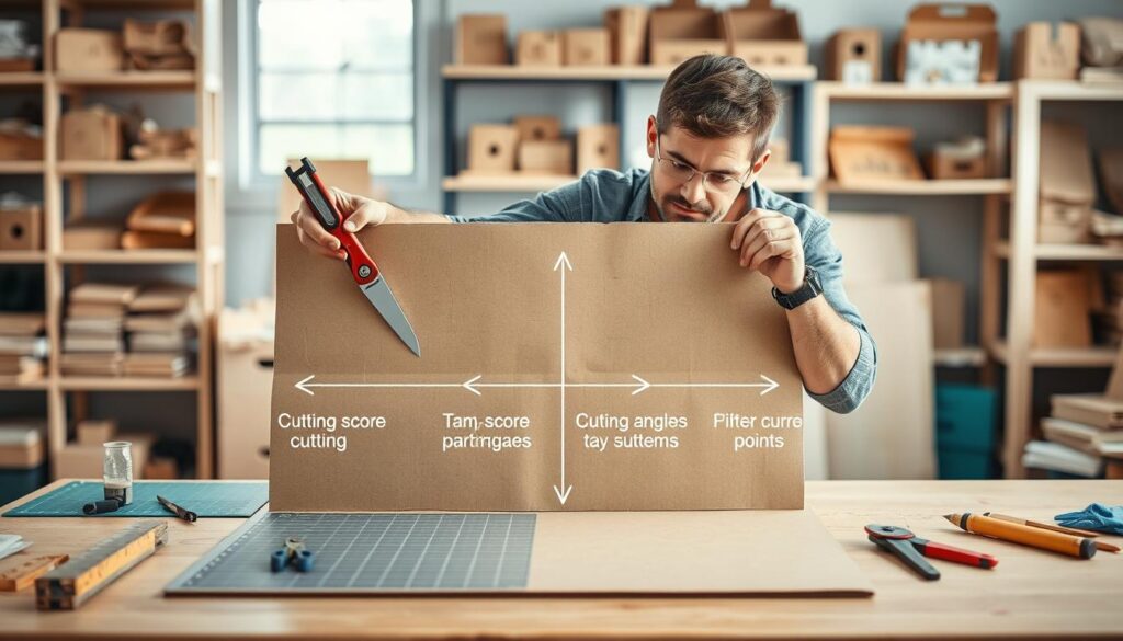 A bright, well-lit workspace scene featuring a skilled artisan demonstrating box cutter safety techniques. In the foreground, the artisan, wearing modest casual attire, is shown carefully scoring a large cardboard panel with a box cutter, emphasizing proper grip and hand positioning. On the table beside them are various crafting tools, including a cutting mat, measuring ruler, and safety gloves, all arranged neatly for clarity. In the middle of the scene, a segmented visual guide illustrates cutting, scoring, and curving techniques: arrows indicate cutting angles and pressure points. The background is softly blurred, displaying shelves filled with art supplies and cardboard projects, creating a creative but organized atmosphere. The mood is focused and educational, encouraging safe practices in crafting activities.