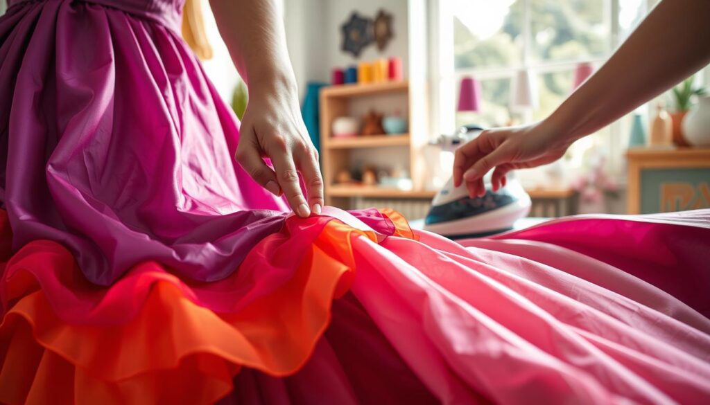 A close-up scene focusing on a pair of hands carefully applying hem tape to the edge of a flowing, colorful costume fabric, emphasizing attention to detail in the stitching process. The foreground features a selection of bold, vibrant fabrics with layered textures, showcasing a magical, royal-inspired aesthetic. In the middle, the hem tape is clearly visible, perfectly aligned against the fabric, with a hot iron resting nearby, subtly hinting at a no-sew alteration process. The background is softly blurred, featuring a well-lit crafting space adorned with spools of thread and sewing notions, enhancing the creative atmosphere. Bright, natural lighting illuminates the scene, creating a warm and inviting mood that inspires DIY creativity and transformation. The image captures the essence of sophisticated yet accessible crafting.