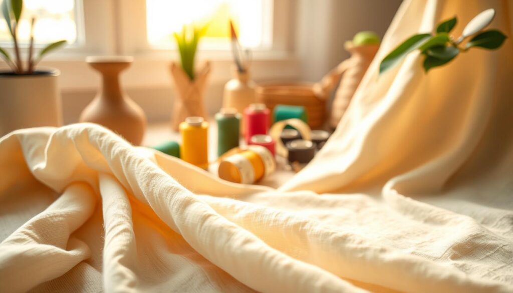 A close-up view of high-quality organic cotton fabric, showcasing its soft texture and natural fibers, ideal for DIY costumes. The fabric displays a palette of earthy tones, including cream, light green, and soft beige, with subtle variations in color that emphasize its organic nature. In the foreground, a beautifully draped piece of the fabric is seen, with loose threads creating an artisanal feel. The middle ground features spools of vibrant thread and sewing tools, like scissors and measuring tape, to suggest a crafting atmosphere. The background is softly blurred, hinting at a cozy, well-lit sewing corner with warm, diffused sunlight streaming through a window. The overall mood is inviting and creative, perfect for DIY enthusiasts focusing on safe and eco-friendly materials.