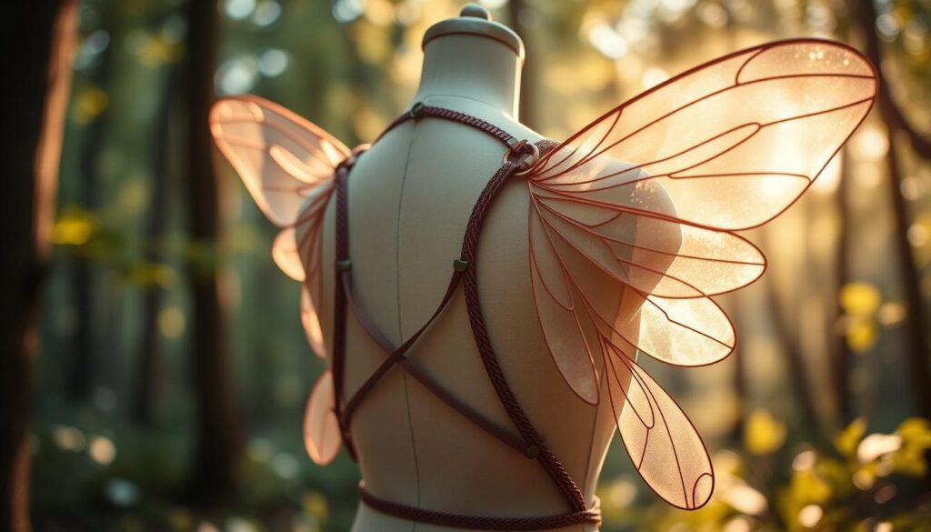 A close-up view of intricate fairy wing harness systems designed for comfort and balance, showcasing three distinct styles: an elastic harness, a backpack system, and a bolero design. The harnesses should feature delicate wires intertwined with soft, sheer tights, capturing a whimsical aesthetic. In the foreground, emphasize the details of the fastening mechanisms and the textures of the materials. The middle ground should include a softly lit space where the harnesses are displayed on a delicately adorned mannequin. The background can feature a dreamy, blurred forest setting bathed in soft, dappled sunlight, creating an enchanting atmosphere. The overall mood is ethereal and whimsical, ideal for illustrating the elegance and functionality of these lightweight systems.