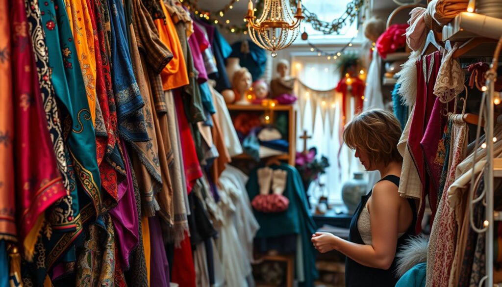 A cozy, enchanting Etsy shop filled with vivid fantasy textures hanging on displays. In the foreground, a skilled artisan examines a vibrant selection of stained silks and embroidered fabrics, showcasing rich colors and intricate patterns. The middle of the image features shelves brimming with a variety of fantasy-themed materials such as shimmering sequins, delicate lace, and soft faux furs, all illuminated by warm, ambient lighting. In the background, soft-focus decorations like twinkling fairy lights and whimsical vintage items create a whimsical atmosphere, enhancing the allure of creative possibilities. The scene captures a sense of wonder and inspiration, inviting viewers to imagine their own fairytale costume creations. Shot from a slightly angled perspective to add depth, with a shallow depth of field for a dreamy, intimate feel. A cozy, enchanting Etsy shop filled with vivid fantasy textures hanging on displays. In the foreground, a skilled artisan examines a vibrant selection of stained silks and embroidered fabrics, showcasing rich colors and intricate patterns. The middle of the image features shelves brimming with a variety of fantasy-themed materials such as shimmering sequins, delicate lace, and soft faux furs, all illuminated by warm, ambient lighting. In the background, soft-focus decorations like twinkling fairy lights and whimsical vintage items create a whimsical atmosphere, enhancing the allure of creative possibilities. The scene captures a sense of wonder and inspiration, inviting viewers to imagine their own fairytale costume creations. Shot from a slightly angled perspective to add depth, with a shallow depth of field for a dreamy, intimate feel.