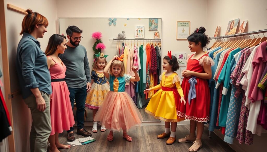 A cozy fitting room setting where a diverse family of four, dressed in modest casual clothing, is trying on vibrant fantasy costumes. In the foreground, the parents enthusiastically discuss costume choices while their children twirl and pose in colorful outfits, showcasing a mix of whimsical designs inspired by classic storybook characters. The middle ground features a full-length mirror reflecting the family, with fabric swatches and accessories scattered around, emphasizing the fitting session atmosphere. The background shows a neatly organized rack of costumes and playful decorations, like fairy lights and storybook-themed posters. Warm, soft lighting enhances the joyful mood, and a slight angle from above captures the excitement and collaboration in costume fitting.