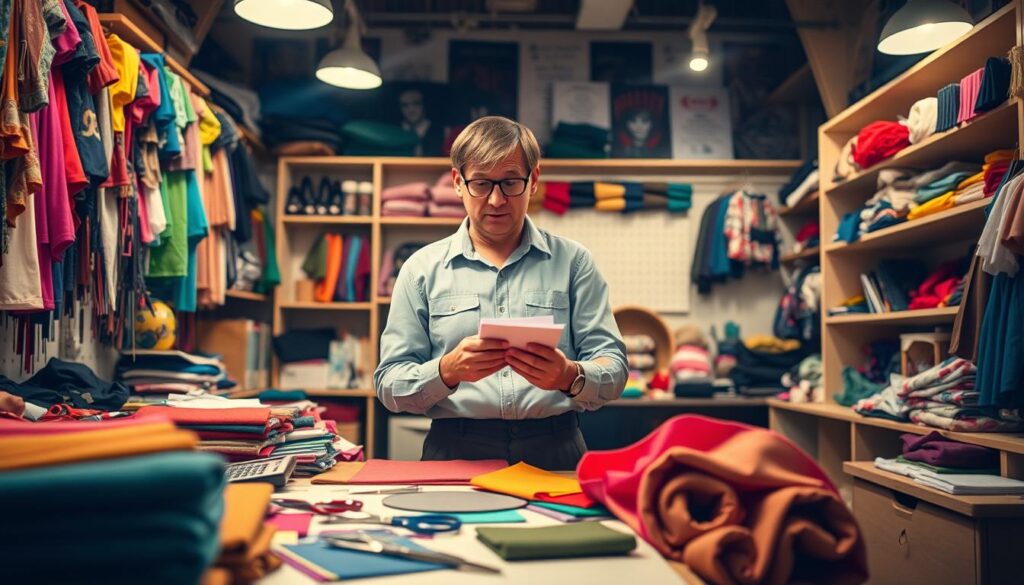 A cozy, well-lit atelier filled with an array of vibrant costume supplies, showcasing the concept of budgeting for costumes. In the foreground, a detailed workspace features fabric swatches, scissors, and a calculator, symbolizing the budgeting strategy. Mid-ground, a professional dressed in modest casual attire carefully inspects colorful fabrics, weighing options between luxurious materials and budget-friendly alternatives. The background reveals organized shelves filled with costume accessories and tools, illuminated by warm, ambient light that creates a welcoming atmosphere. Soft shadows add depth, highlighting the creative process and thoughtful decision-making of costuming enthusiasts, emphasizing the balance between splurging on key pieces and saving on less critical items. A cozy, well-lit atelier filled with an array of vibrant costume supplies, showcasing the concept of budgeting for costumes. In the foreground, a detailed workspace features fabric swatches, scissors, and a calculator, symbolizing the budgeting strategy. Mid-ground, a professional dressed in modest casual attire carefully inspects colorful fabrics, weighing options between luxurious materials and budget-friendly alternatives. The background reveals organized shelves filled with costume accessories and tools, illuminated by warm, ambient light that creates a welcoming atmosphere. Soft shadows add depth, highlighting the creative process and thoughtful decision-making of costuming enthusiasts, emphasizing the balance between splurging on key pieces and saving on less critical items.