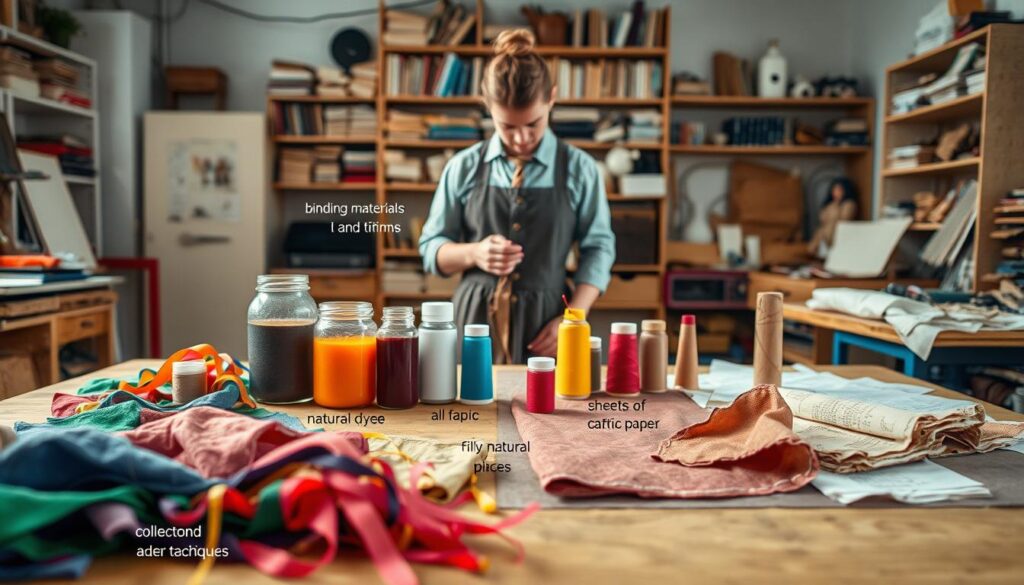 A creatively organized workspace featuring various finishing techniques for storybook costumes. In the foreground, a neatly arranged tabletop with vibrant fabric swatches and spools of thread, showcasing textures and colors. Five distinct techniques are represented: binding materials like ribbons and trims, jars of natural dyes in rich hues, bottles of fabric paint, sheets of contact paper, and a collection of aged fabric pieces to evoke a rustic feel. In the middle ground, a designer is applying these techniques to a costume, dressed in casual, professional attire. The background features a softly lit crafting studio with shelves filled with books and tools, creating a warm, inviting atmosphere. Use soft, natural lighting to enhance the creativity and craftsmanship, capturing the essence of transforming everyday materials into enchanting costumes. A creatively organized workspace featuring various finishing techniques for storybook costumes. In the foreground, a neatly arranged tabletop with vibrant fabric swatches and spools of thread, showcasing textures and colors. Five distinct techniques are represented: binding materials like ribbons and trims, jars of natural dyes in rich hues, bottles of fabric paint, sheets of contact paper, and a collection of aged fabric pieces to evoke a rustic feel. In the middle ground, a designer is applying these techniques to a costume, dressed in casual, professional attire. The background features a softly lit crafting studio with shelves filled with books and tools, creating a warm, inviting atmosphere. Use soft, natural lighting to enhance the creativity and craftsmanship, capturing the essence of transforming everyday materials into enchanting costumes.