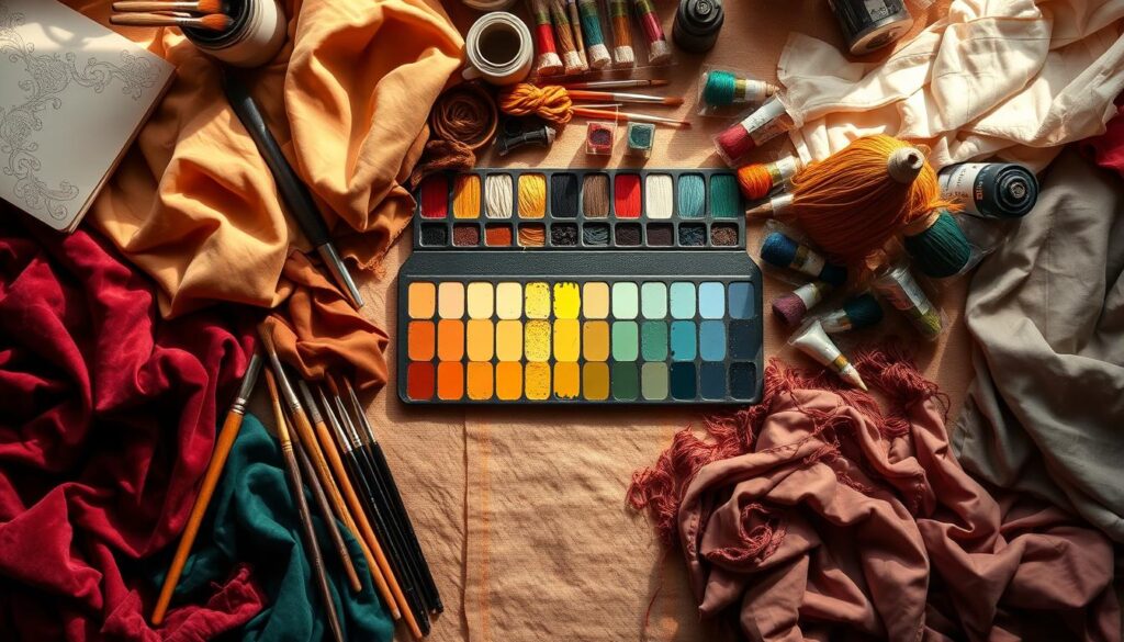 A detailed overhead view of an artist's workspace showcasing an array of cohesive color palettes and shared materials for fantasy costumes. In the foreground, vibrant swatches of fabric in various textures—velvet, silk, and cotton—are neatly arranged next to brushes, paint tubes, and threads in complementary tones. The middle features a beautiful gradient of colors blending from warm earthy hues to cool jewel tones, displayed on a palette. In the background, soft natural light filters through a window, casting gentle shadows across the materials, creating an inviting and creative atmosphere. The image conveys a sense of inspiration and collaboration, ideal for planning cohesive family and group costumes with a magical theme, using a wide-angle lens for depth.