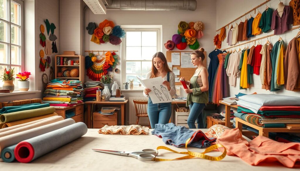 A softly lit studio filled with vibrant, eco-friendly fabrics including recycled felt and colorful deadstock materials. In the foreground, a well-organized workspace features neatly arranged bolts of fabric in various textures, with a pair of sturdy scissors and a measuring tape lying beside them. In the middle ground, a designer lovingly reviews a costume sketch, wearing modest, casual attire, surrounded by swatches and samples of fabric. The background showcases a wall decorated with hanging swatches of felt, a bulletin board with notes on sustainable practices, and a diverse array of costume designs. The mood is warm and inviting, emphasizing creativity and sustainability in the costume-making process, with natural light filtering through a window, creating a gentle, inspiring atmosphere.