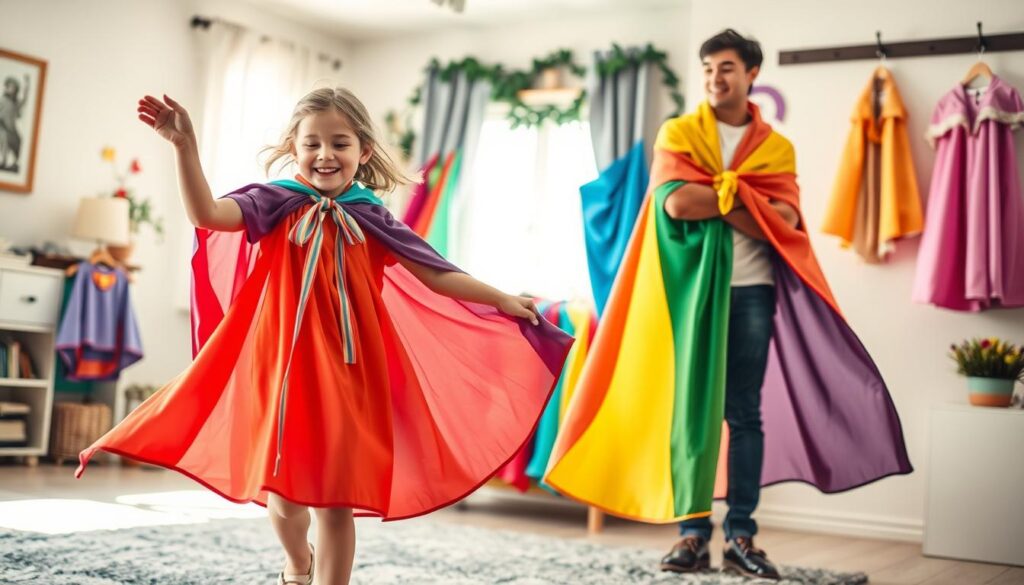 A vibrant scene illustrating the contrast between kids and adults wearing colorful, whimsical capes. In the foreground, a young child in a bright, playful cape with oversized ribbons tied at the neck, twirls joyfully, capturing the spirit of playfulness. Next to them, an adult wearing a more sophisticated, elegantly tied cape, showcasing its versatility and style. In the middle ground, additional capes of various sizes hang on hooks, highlighting the differences in sizing. The background features a cozy room with soft, natural light streaming through a window, with fantasy-themed decorations enhancing the magical atmosphere. The focus is on the joyful movement and varying styles, with a warm, inviting color palette that evokes a sense of fun and creativity. A vibrant scene illustrating the contrast between kids and adults wearing colorful, whimsical capes. In the foreground, a young child in a bright, playful cape with oversized ribbons tied at the neck, twirls joyfully, capturing the spirit of playfulness. Next to them, an adult wearing a more sophisticated, elegantly tied cape, showcasing its versatility and style. In the middle ground, additional capes of various sizes hang on hooks, highlighting the differences in sizing. The background features a cozy room with soft, natural light streaming through a window, with fantasy-themed decorations enhancing the magical atmosphere. The focus is on the joyful movement and varying styles, with a warm, inviting color palette that evokes a sense of fun and creativity.