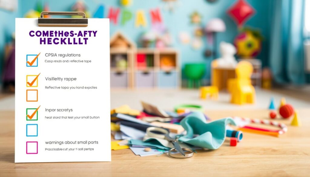 A visually appealing child safety checklist for costume crafting, featuring a colorful layout with checkboxes and icons. In the foreground, include clear symbols representing CPSIA regulations, visibility (such as reflective tape), heat safety (a small flame icon), and warnings about small parts (like a small button). In the middle, depict a cheerful, well-lit workspace with crafting materials like fabric swatches, scissors, and colorful thread scattered around. The background should show a soft-focus image of a cozy playroom, with playful decorations and safe toys. Use warm, inviting lighting to create a friendly atmosphere, and maintain a balanced composition that draws the viewer's eye naturally through the image.