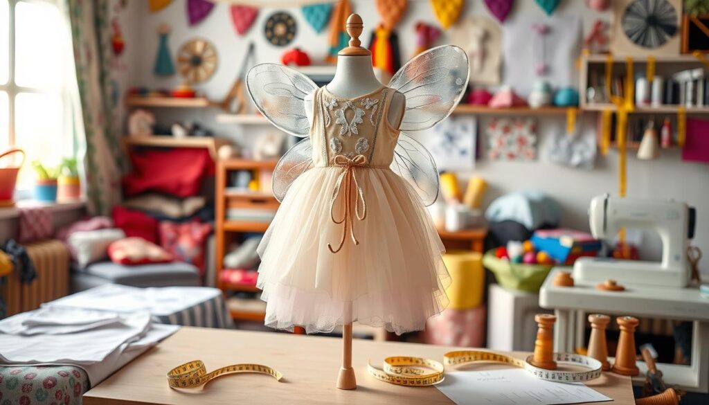 A whimsical, inviting scene in a vibrant sewing room filled with colorful fabrics, scissors, and measuring tapes. In the foreground, a child’s dress hanging on a small mannequin, showcasing a magical fairy costume with layered skirts and shimmering wings, symbolizing creative growth hacks for sizing. On a nearby table, various adjustments and clever modifications visible, such as elastic bands and removable patches. In the background, soft lighting filters through a window, illuminating sewing patterns and spools of thread, adding warmth and a cozy atmosphere. The angle captures both the meticulous details of costume design and the playful spirit of children's dress-up, evoking inspiration and imagination in every element.