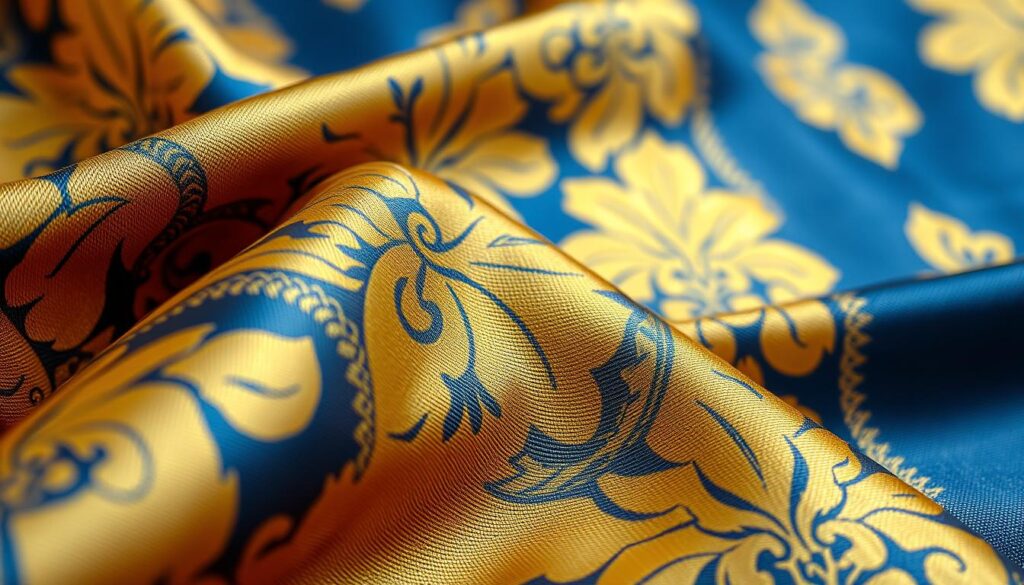 Close-up detail of elaborate brocade fabric weave, showcasing intricate patterns and rich textures. The foreground features a vibrant gold and deep blue color scheme, highlighting the shimmering threads against a backdrop of gentle folds in the fabric. Soft diffused lighting enhances the luxurious feel, capturing the play of light on the textured surfaces. The lens focuses tightly on the weave's details, revealing the density and craftsmanship of the fabric. The atmosphere is elegant and regal, evoking a sense of opulence suitable for discussions on fabric quality and identification. The image should exclude any text, ensuring a clean presentation that emphasizes the beauty of the brocade.