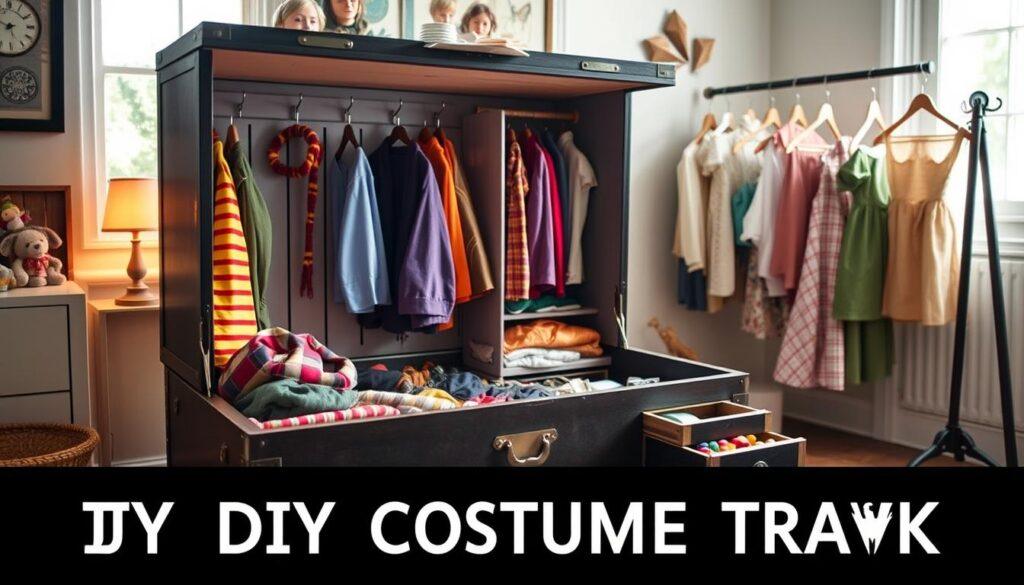 A beautifully crafted DIY costume trunk displayed in a cozy, well-lit room. In the foreground, the trunk is open, revealing organized sections with hooks for costumes, shelves accommodating various colorful outfits, and sleek felt-lined drawers for accessories. A hidden slot is cleverly designed for storing wands. The middle ground showcases additional details like fabric swatches and threads scattered around, emphasizing a creative atmosphere. Soft, warm lighting from a nearby window adds an inviting glow, enhancing the trunk's vibrant colors. In the background, a vintage-style clothes rail holds whimsical costumes, creating a storybook feel. The overall mood is whimsical, inspiring creativity, and inviting imagination, perfect for a DIY project environment.