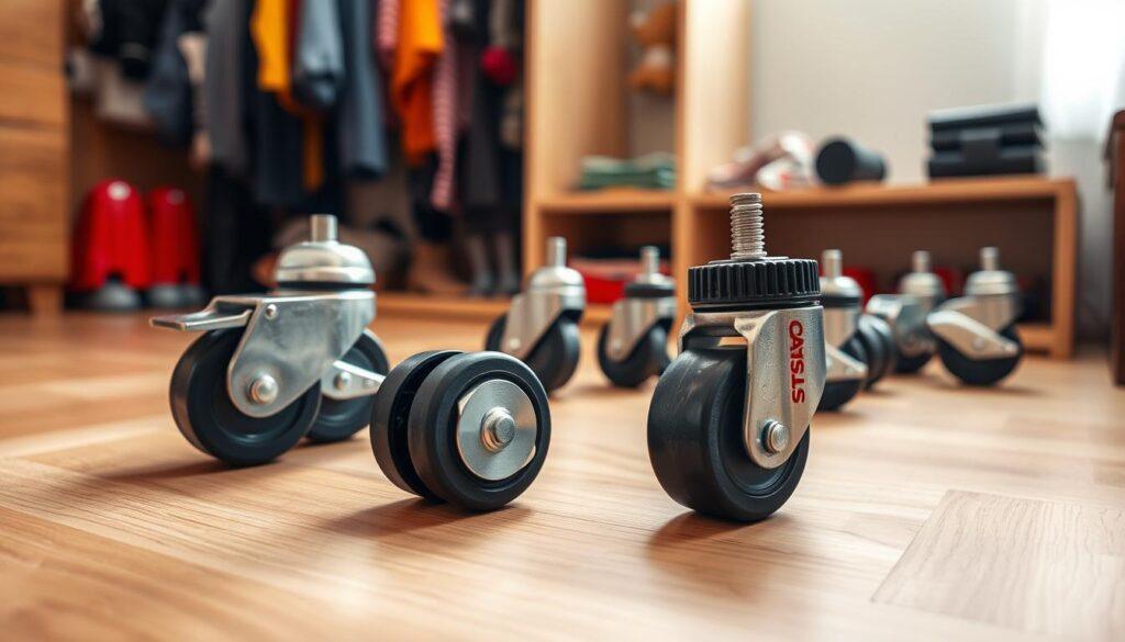 A close-up view of sturdy locking caster wheels designed for a DIY wardrobe trunk, arranged on a smooth wooden surface. The foreground highlights the intricate details of the wheels, showcasing a metallic finish and rubber grips for enhanced mobility. In the middle ground, various types of casters are displayed: some with brakes, others with a swivel feature, emphasizing their functionality. The background features a softly blurred image of a themed costume closet, suggesting a playful yet organized atmosphere. The lighting is warm and inviting, casting soft shadows that enhance the textures of the casters. The angle captures the essence of practical mobility and stability, creating a mood of creativity and design innovation. The image is clean, focused, and devoid of any text or distractions.