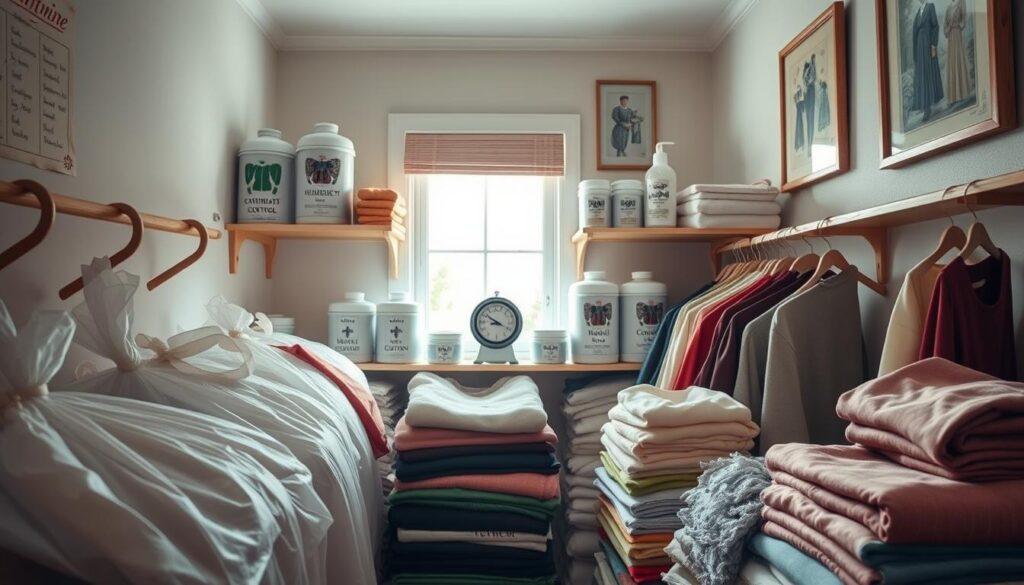 A cozy, well-organized storage room dedicated to costume care. In the foreground, neatly folded costumes made from various fabrics, like silk, cotton, and polyester, are displayed in breathable cotton bags to emphasize proper climate preservation. The middle ground features shelves stocked with containers labeled for moth repellent and humidity control, along with a hygrometer showing ideal humidity levels. Soft, diffused natural light streams in from a window, creating a warm and inviting atmosphere. In the background, light-colored walls adorned with framed images of costumes and sewing tools hint at a creative space. The overall mood is one of care and attention, highlighting the importance of proper storage techniques for preserving costumes effectively.