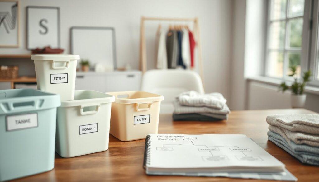 A serene and organized workspace featuring elegant bin icons representing a "one new in, one old out" system. In the foreground, highlight an assortment of stylish bins in soft pastel colors, each labeled clearly and artfully arranged to symbolize order and systematic categorization. The middle ground reveals a sleek wooden desk with an open notebook displaying flowcharts for labeling and cataloging collections, complemented by a pair of neatly stacked clothing items waiting to be rotated. In the background, a large window lets in soft, natural light, creating a warm and inviting atmosphere. Use a shallow depth of field to focus on the bins while softly blurring the desk and window, adding a sense of calm productivity.