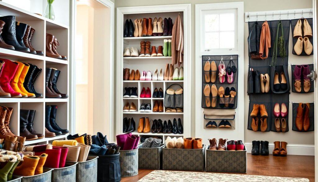 A stylish and organized footwear storage solution featuring an array of boot bins, cubby shelves, and over-the-door pockets. In the foreground, neatly arranged individual boot bins filled with various types of stylish boots in vibrant colors, showcasing both functionality and design. The middle of the image displays a set of cubby shelves holding an assortment of shoes, including sneakers and flats, alongside hanging over-the-door pockets filled with smaller footwear items like sandals and slippers. The background features a well-lit entryway with soft, natural light streaming in through a window, creating a warm and inviting atmosphere. The angle of the shot is slightly above eye level, capturing the full height and depth of the storage solutions and emphasizing their organized aesthetic. A stylish and organized footwear storage solution featuring an array of boot bins, cubby shelves, and over-the-door pockets. In the foreground, neatly arranged individual boot bins filled with various types of stylish boots in vibrant colors, showcasing both functionality and design. The middle of the image displays a set of cubby shelves holding an assortment of shoes, including sneakers and flats, alongside hanging over-the-door pockets filled with smaller footwear items like sandals and slippers. The background features a well-lit entryway with soft, natural light streaming in through a window, creating a warm and inviting atmosphere. The angle of the shot is slightly above eye level, capturing the full height and depth of the storage solutions and emphasizing their organized aesthetic.