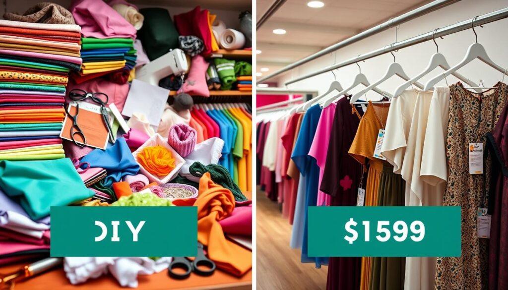 A visually engaging split image comparing the cost breakdown of DIY costume wardrobe versus store-bought options. On the left, a vibrant DIY section showcasing colorful fabric swatches, scissors, sewing patterns, and a neatly organized assortment of handmade costumes, featuring soft lighting to emphasize creativity. On the right, a polished store-bought section displaying polished costume offerings on sleek hangers in a well-lit retail setting, with price tags visible for a clear comparison. The background should include subtle hints of a home sewing setup on the DIY side and a retail store ambiance on the store-bought side. Use a warm, inviting atmosphere that conveys the joy of creating versus the convenience of shopping. The angle should be slightly elevated to provide a comprehensive view of both options.