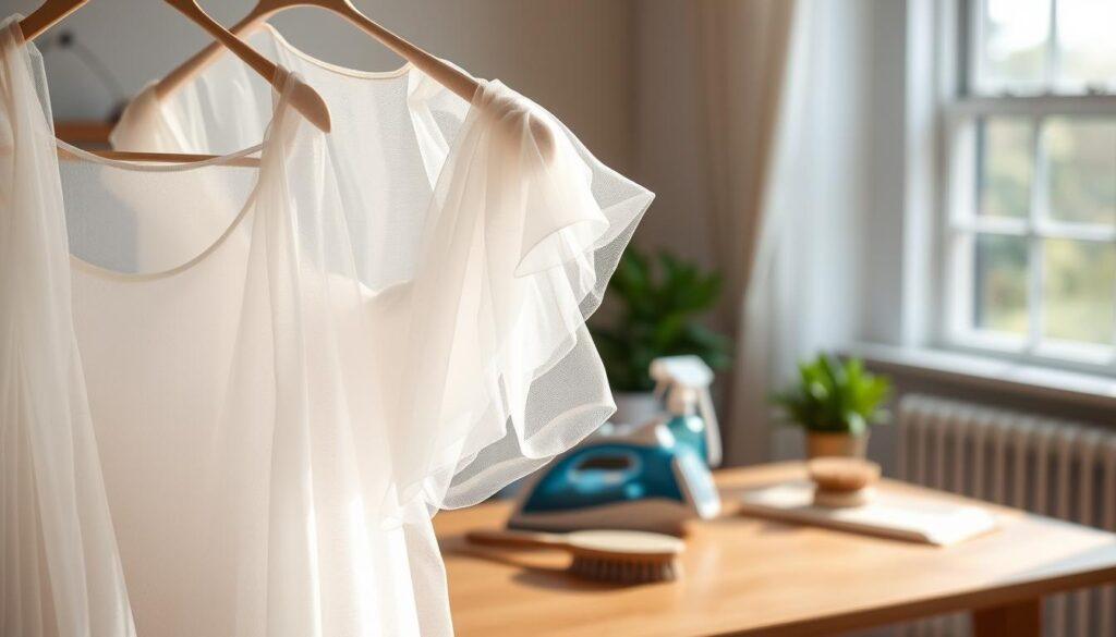 A well-lit interior scene focused on a neatly arranged workspace dedicated to tulle care. In the foreground, a delicate white tulle fabric is elegantly draped and partially fluffed using a clothes hanger. Special attention is given to the soft, airy texture of the tulle, catching the light to highlight its ethereal qualities. In the middle ground, a wooden table displays various tools for tulle care: a steam iron, fabric spray, and a soft brush, enhancing the sense of a crafting environment. The background features a softly blurred window allowing natural light to flood the space, creating a warm, inviting atmosphere. The overall mood conveys tranquility and professionalism, emphasizing the importance of careful handling and maintenance of tulle for costume care.