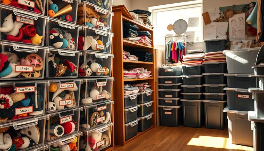 A well-organized storage area featuring a variety of costume bins and labels. The foreground showcases transparent bins displaying colorful costumes, accessories, masks, and props, while neatly labeled. In contrast, opaque bins are densely packed, providing a sense of hiding clutter. The middle ground features a wooden shelving unit, with natural light filtering through a nearby window, casting soft shadows and creating a warm, inviting atmosphere. The background reveals a glimpse of a well-lit, cozy room decorated with costume-related materials like fabric swatches and design sketches. The angle is slightly elevated, giving an overview of the organization system, and the mood is one of creativity and efficiency, emphasizing the benefits of organization in costume storage. A well-organized storage area featuring a variety of costume bins and labels. The foreground showcases transparent bins displaying colorful costumes, accessories, masks, and props, while neatly labeled. In contrast, opaque bins are densely packed, providing a sense of hiding clutter. The middle ground features a wooden shelving unit, with natural light filtering through a nearby window, casting soft shadows and creating a warm, inviting atmosphere. The background reveals a glimpse of a well-lit, cozy room decorated with costume-related materials like fabric swatches and design sketches. The angle is slightly elevated, giving an overview of the organization system, and the mood is one of creativity and efficiency, emphasizing the benefits of organization in costume storage.