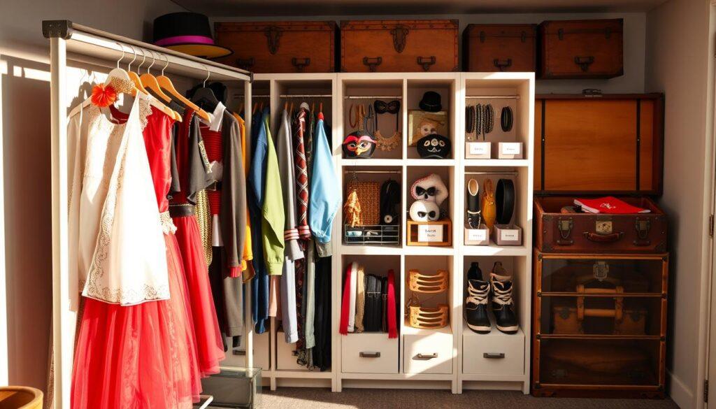 A well-organized storage space for costumes and accessories featuring a combination of garment racks, cubbies, drawers, and a trunk. In the foreground, a sleek garment rack with an array of colorful costumes hanging neatly, each accessorized with matching hats and props. The middle ground showcases cubbies filled with organized accessories like belts, masks, and jewelry, with decorative labels for easy identification. A beautifully crafted wooden trunk in the background, partially open, reveals more costume items. The lighting is bright and warm, creating a welcoming atmosphere, with soft shadows that enhance depth. The scene is captured from a slightly elevated angle, providing a comprehensive view of the storage solutions, evoking a sense of organization and creativity in costume management. A well-organized storage space for costumes and accessories featuring a combination of garment racks, cubbies, drawers, and a trunk. In the foreground, a sleek garment rack with an array of colorful costumes hanging neatly, each accessorized with matching hats and props. The middle ground showcases cubbies filled with organized accessories like belts, masks, and jewelry, with decorative labels for easy identification. A beautifully crafted wooden trunk in the background, partially open, reveals more costume items. The lighting is bright and warm, creating a welcoming atmosphere, with soft shadows that enhance depth. The scene is captured from a slightly elevated angle, providing a comprehensive view of the storage solutions, evoking a sense of organization and creativity in costume management.