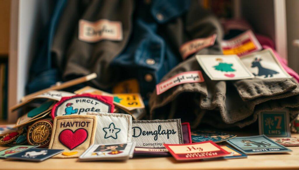 An organized display of various picture labels for a dress-up collection, showcasing a vibrant array of tags, icons, and colors. In the foreground, several labels with different textures and designs—such as fabric, embroidered patches, and glossy plastic—are arranged artistically. The middle layer features a piece of clothing, subtly draped to highlight the labels attached to it. The background is softly blurred to keep focus on the labels, with warm, diffused lighting creating a cozy atmosphere. The scene is captured from a slightly elevated angle, providing a dynamic perspective. The overall mood is creative and inviting, reflecting the joy of organizing and cataloging personal collections.