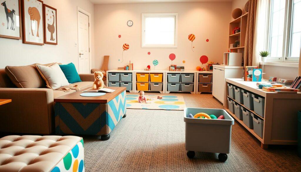 A cozy and stylish small playroom designed for shared spaces, featuring a multi-functional furniture arrangement. Foreground showcases a colorful ottoman trunk that doubles as seating and storage, paired with a sleek wooden coffee table adorned with a few playful toys. In the middle, a vibrant play mat creates a welcoming area for children to play, surrounded by neatly organized bin carts on wheels, providing accessible storage for toys and books. The background displays bright wall decals of whimsical characters, with soft pastel colors enhancing the cheerful atmosphere. Warm, natural light filters through a nearby window, creating a bright and inviting environment. The overall mood is joyful and clutter-free, emphasizing clever organization in a limited space, captured with a slightly elevated angle to provide depth. A cozy and stylish small playroom designed for shared spaces, featuring a multi-functional furniture arrangement. Foreground showcases a colorful ottoman trunk that doubles as seating and storage, paired with a sleek wooden coffee table adorned with a few playful toys. In the middle, a vibrant play mat creates a welcoming area for children to play, surrounded by neatly organized bin carts on wheels, providing accessible storage for toys and books. The background displays bright wall decals of whimsical characters, with soft pastel colors enhancing the cheerful atmosphere. Warm, natural light filters through a nearby window, creating a bright and inviting environment. The overall mood is joyful and clutter-free, emphasizing clever organization in a limited space, captured with a slightly elevated angle to provide depth.