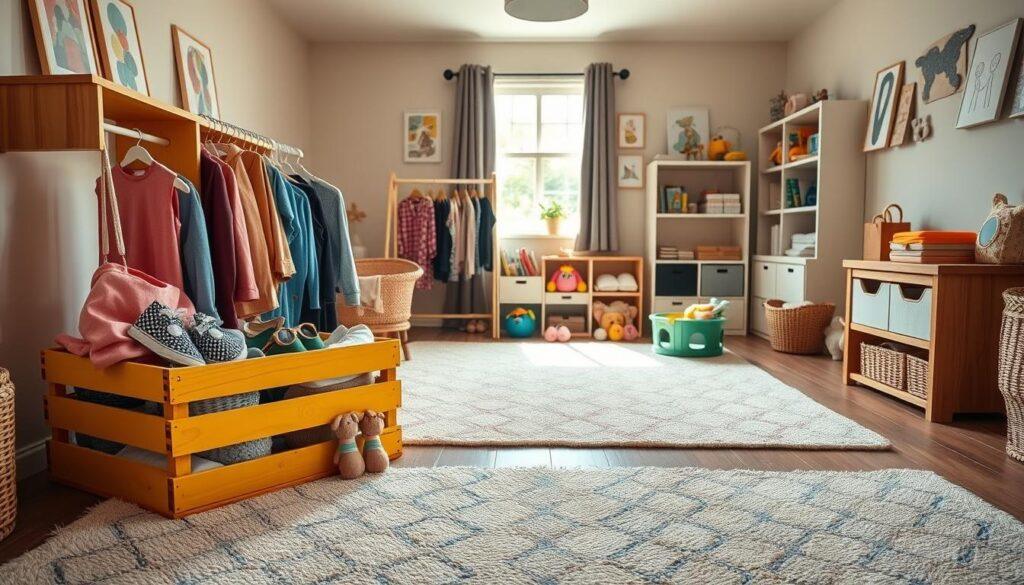 A cozy small playroom featuring a well-organized micro zone designed for imaginative play. In the foreground, a bright and colorful wooden crate holds ten carefully selected wardrobe pieces, displayed in an inviting mix-and-match arrangement. The middle ground showcases soft, inviting rugs and a cheerful, modular play set that includes plush toys and creative props. The background features light-colored walls adorned with playful artwork, and shelves neatly arranged with books and additional play items. Soft, natural light filters through a window, casting warm shadows that enhance the cozy atmosphere. The entire scene should evoke a sense of joy, creativity, and organization, perfect for small shared spaces. A cozy small playroom featuring a well-organized micro zone designed for imaginative play. In the foreground, a bright and colorful wooden crate holds ten carefully selected wardrobe pieces, displayed in an inviting mix-and-match arrangement. The middle ground showcases soft, inviting rugs and a cheerful, modular play set that includes plush toys and creative props. The background features light-colored walls adorned with playful artwork, and shelves neatly arranged with books and additional play items. Soft, natural light filters through a window, casting warm shadows that enhance the cozy atmosphere. The entire scene should evoke a sense of joy, creativity, and organization, perfect for small shared spaces.