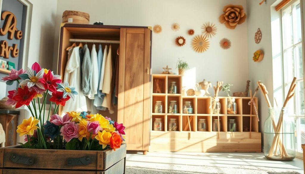 A creative and vibrant display of upcycled storage solutions set in a bright, airy room. In the foreground, a rustic wooden crate holds colorful fabric scrap flowers, with delicate petals peeking out. Beside it, an old suitcase serves as a stylish wardrobe, cleverly opened to showcase a neat arrangement of clothing. In the middle ground, sturdy cubbies made from repurposed wood are filled with various jars, each containing whimsical wand creations crafted from natural materials. Soft natural light streams through a nearby window, casting gentle shadows. The background features pastel-colored walls adorned with eco-friendly decorations, creating a cheerful and inviting atmosphere. The angle captures the entire setup invitingly, showcasing sustainability with a touch of whimsy and charm.