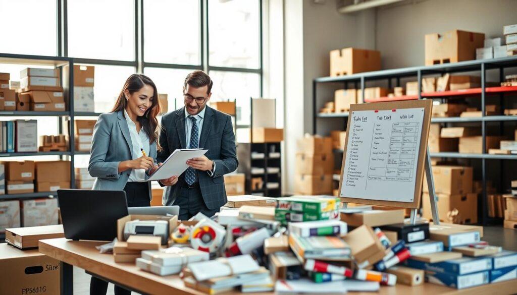 A professional settings for an inventory audit, showcasing a neatly organized office with shelves filled with various boxes and products. In the foreground, a diverse team of two business professionals, one woman and one man, dressed in smart casual attire, collaboratively reviewing a checklist and taking notes with a laptop nearby. In the middle ground, an open table cluttered with inventory items, including duplicates and a wish list that is pinned to a board. In the background, large windows allow soft natural light to pour in, illuminating the space and creating a focused, yet inviting atmosphere. The scene conveys a sense of diligence and teamwork while emphasizing careful organization amidst the hustle of seasonal inventory tasks.