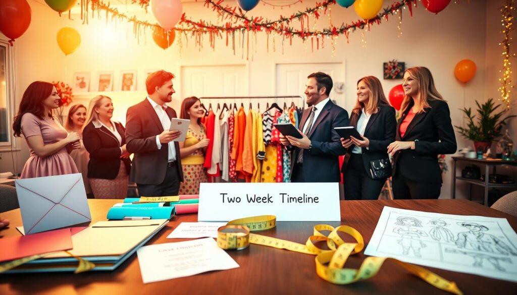 A vibrant and inviting holiday party scene, showcasing a two-week prep timeline. In the foreground, a stylishly arranged table displays colorful invitations, measuring tape, and costume sketches, emphasizing organization and excitement. The middle of the image features a cheerful group of people in professional business attire, discussing costume choices and sizing options, with one person holding a clipboard and another pointing at a colorful costume rack. In the background, festive decorations like balloons, streamers, and twinkling lights create a joyful atmosphere. Soft, warm lighting casts a welcoming glow over the scene, captured from a slightly elevated angle, enhancing the sense of camaraderie and anticipation for the upcoming celebration. The mood is lively and enthusiastic, evoking the spirit of preparation and fun.