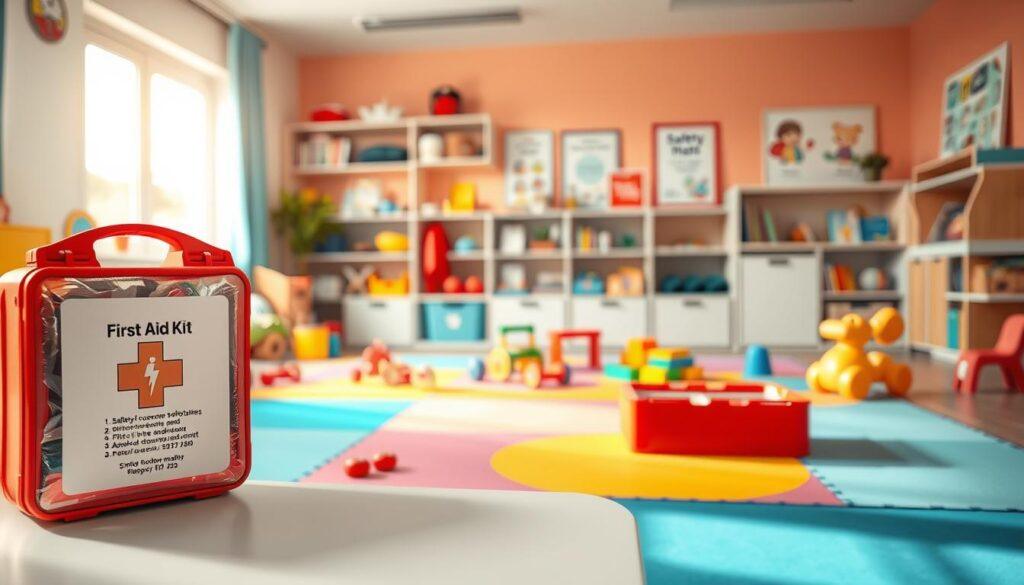 A vibrant and well-organized playroom scene focused on safety and accessibility measures. In the foreground, a clear label on a first aid kit featuring emergency contacts, amidst neatly arranged toys. The middle ground showcases a stylish, colorful play area equipped with spill containment mats designed for glitter and small messes, emphasizing a safe and inviting atmosphere. The background features open shelves with safety gear, children's books, and educational posters about safety protocols. Bright, natural lighting streams in through large windows, creating a warm, cheerful environment. The overall mood is one of preparedness and nurturing, highlighting the importance of safety in spaces for children’s imaginative play.