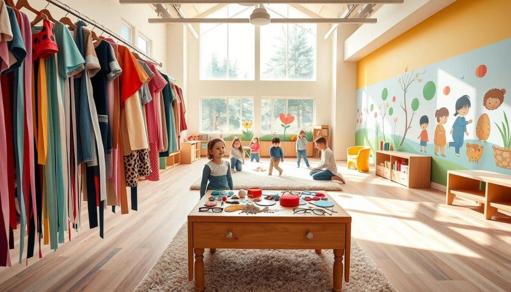 A vibrant dress-up playroom designed with safety and accessibility in mind. In the foreground, a colorful array of play costumes hangs neatly, showcasing various textures and lengths of ribbons and strings that adhere to safety guidelines. A sturdy table displays a collection of non-toxic accessories like hats and glasses, ensuring no small parts are present for choking hazards. In the middle ground, a spacious area features a soft, plush rug where children in modest casual clothing play safely, demonstrating the joy of imaginative play. The background highlights bright murals on the walls depicting nurturing themes. Natural light pours in through large windows, casting a warm, inviting glow, while a wide-angle perspective captures the open, organized layout of the playroom, emphasizing a sense of security and fun.