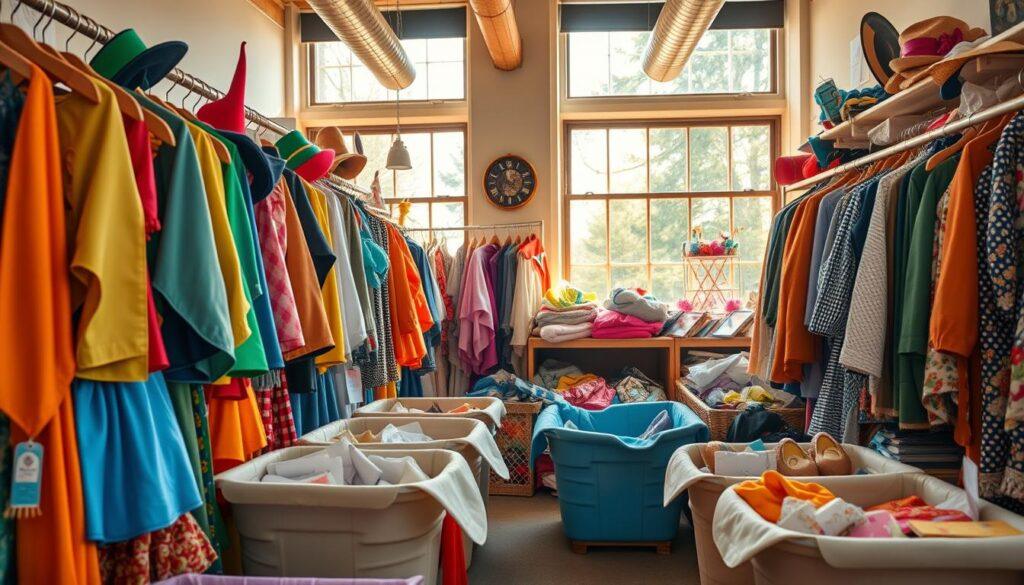 A vibrant scene showcasing an eclectic collection of thrifted costumes displayed in a cozy, well-organized costume library. In the foreground, colorful, eclectic costumes hang on wooden racks, featuring playful designs like vintage capes, whimsical hats, and funky accessories, enticing viewers with their unique styles. The middle ground reveals soft, reusable fabric bins filled with assorted textiles and costume pieces, highlighting the eco-friendly aspect of upcycling. In the background, large windows allow warm, natural sunlight to filter in, creating a welcoming atmosphere filled with inviting shadows. The overall mood is cheerful and inspiring, embodying creativity and sustainability. Shot with a wide-angle lens to capture the spaciousness, emphasizing the charm of the donated costumes and the vibrant colors throughout the room.