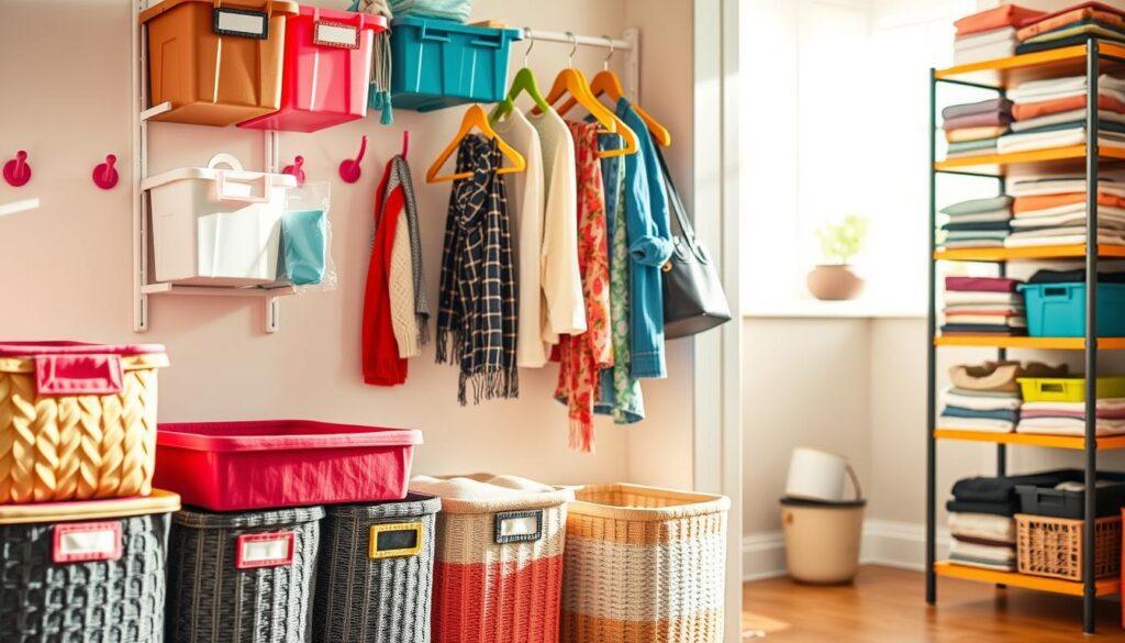 A well-organized budget storage space featuring an array of practical solutions for storing clothing and accessories. In the foreground, display a neat arrangement of colorful fabric baskets, each labeled for easy identification. The middle ground showcases sturdy plastic bins and hangers made from economical materials, hanging on a simple wall-mounted rack. Brightly colored hooks are affixed to the wall, displaying scarves and bags. The background is softly blurred, incorporating elements like a stylish but affordable shelving unit filled with neatly stacked items, providing depth. Natural light filters in through a nearby window, casting soft shadows, creating a warm and inviting atmosphere. The overall mood is cheerful and resourceful, encouraging creative organization on a budget.