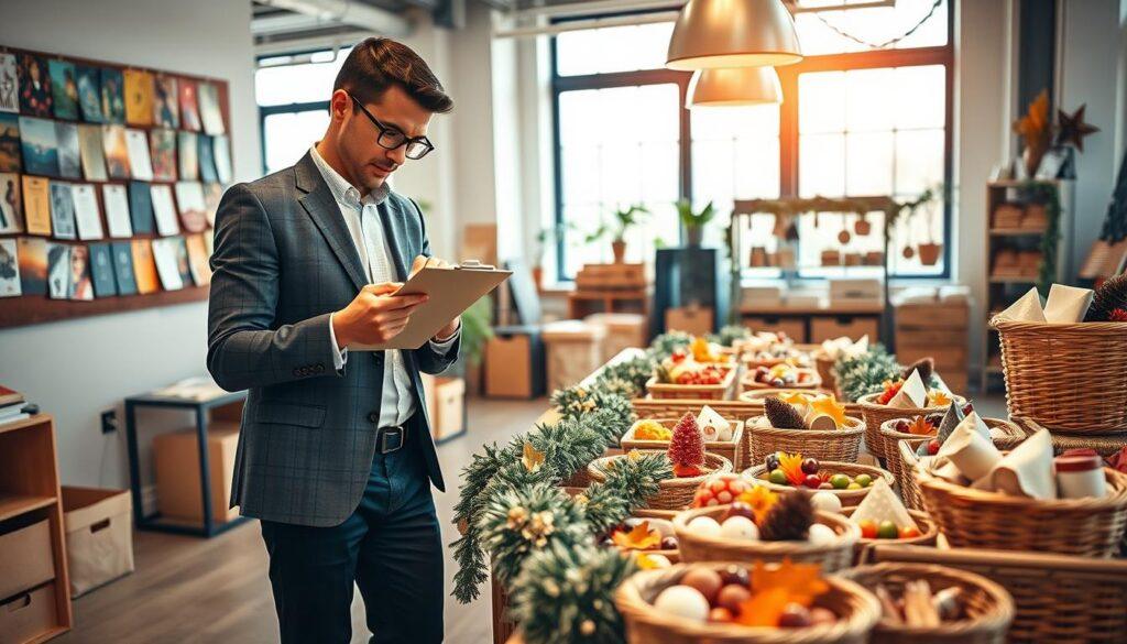 A well-organized inventory audit scene, showcasing a bright, modern office space filled with seasonal decor for an engaging quarterly reset. In the foreground, a professional individual in smart casual attire meticulously checks off items on a clipboard while surrounded by vibrant prints and story cards pinned to a board. The middle ground features a large table covered with decorative garlands and interspersed with neatly stacked baskets containing various seasonal items. In the background, large windows allow soft, natural light to illuminate the space, creating a warm and inviting atmosphere. A slightly blurred focus emphasizes a sense of productivity and anticipation for the upcoming seasonal changes. The overall mood is cheerful and motivated, conducive to creative planning and organization.