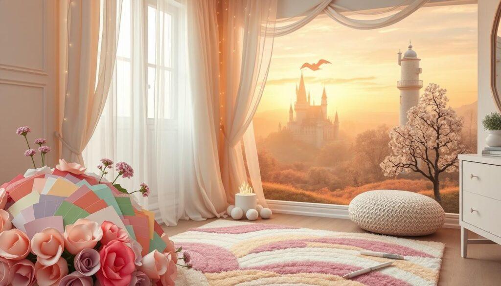 A whimsical color palette for a fairytale room, showcasing soft pastel hues like blush pinks, lavender purples, mint greens, and gentle yellows. In the foreground, a beautifully arranged collection of paint swatches cascades like a flower bouquet, reflecting a dreamy aesthetic. The middle ground captures a cozy scene with delicate curtains billowing, adorned with shimmering fairy lights, and a plush, colorful rug that invites creativity. In the background, charming silhouettes of a grand castle tower and whimsical trees establish a fantasy landscape, bathed in warm golden hour light. The overall mood is enchanting and serene, evoking the magic of a dreamlike fairytale kingdom, inviting inspiration and creativity without any distractions or text.