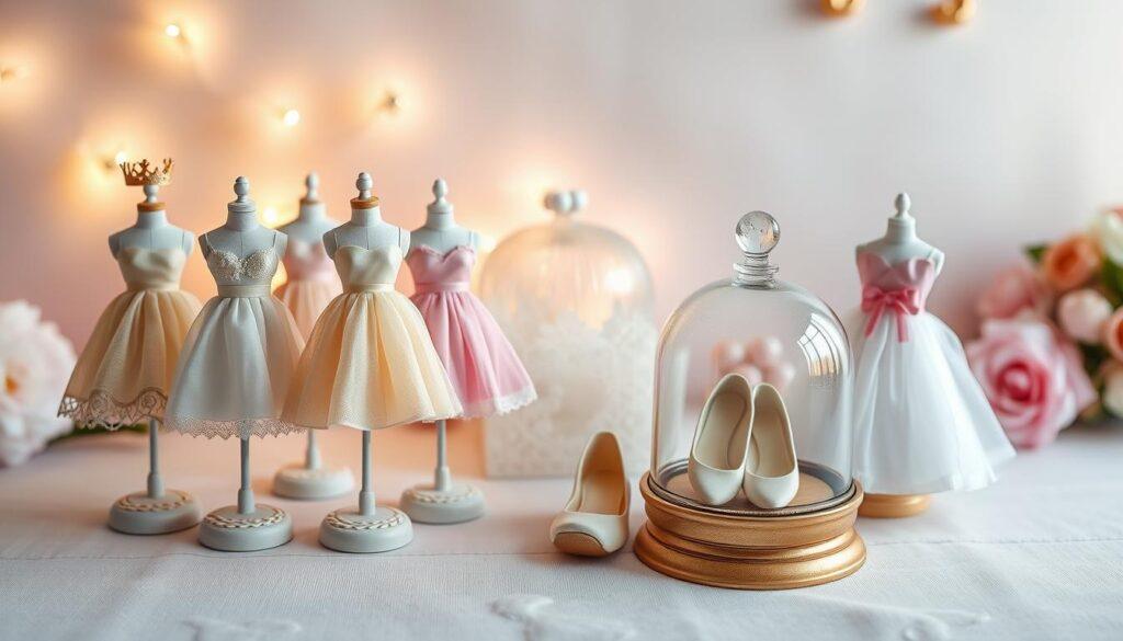 A whimsical display of mini mannequins elegantly styled with delicate fairytale dresses, set against a soft pastel backdrop. In the foreground, the mannequins are arranged on decorative pegs that resemble crowns, showcasing various gowns in dreamy colors. Beside them, a glass cloche elegantly encases a pair of charming slippers, adding an element of enchantment. The middle ground features a softly diffused light that highlights the textures of the fabrics and creates a warm glow, while gentle shadows add depth. The background includes hints of whimsical decor like subtle sparkles and muted floral patterns, enhancing the magical atmosphere. The composition captures a serene, inviting mood, perfect for inspiring imaginative play.