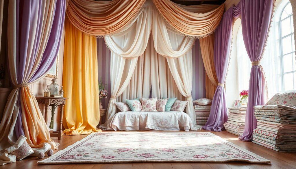 A whimsical fairytale scene showcasing a richly layered arrangement of textiles that embody enchantment and comfort. In the foreground, vibrant, flowing curtains in shades of lavender and soft gold hang elegantly, interlaced with delicate lace and shimmering accents. A plush, patterned area rug featuring floral motifs lies at the center, enhancing the tactile richness. The middle layer displays a magnificent canopy draped in soft, pastel fabrics, casting gentle shadows. The background features a cozy nook adorned with stacks of luxurious fabric swatches and whimsical pillows in pastel hues, creating an inviting atmosphere. Soft, diffused lighting bathes the scene, creating a dreamy ambiance reminiscent of a fairytale castle. The angle captures the entirety of this layered textile wonderland, evoking feelings of warmth and imagination.