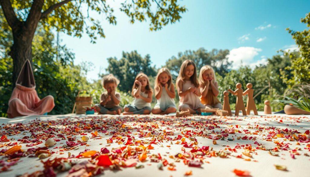 A whimsical scene depicting a zero waste play area, filled with biodegradable sparkle and confetti alternatives. In the foreground, a vibrant collection of natural materials like dried flower petals, crushed leaves, and colorful seeds spread across a soft, eco-friendly fabric surface. In the middle ground, a group of children in modest, casual clothing joyfully engage in crafting activities using reused materials, such as paper maché and hand-painted wooden toys, showcasing creativity and sustainability. The background features lush greenery and a sunny blue sky, with soft, dappled lighting filtering through the trees, creating a warm and inviting atmosphere. The overall mood is playful and eco-conscious, emphasizing creativity in a natural, zero-waste setting.