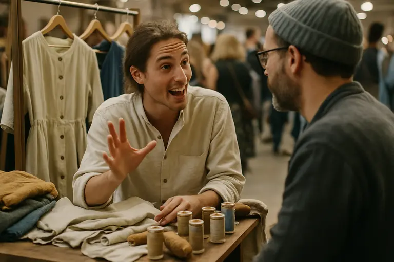 Artist arranging handmade accessories and garments in a fair booth